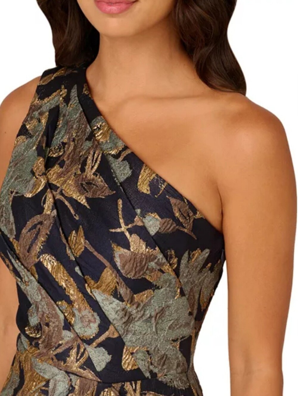 Adrianna Papell 24W Jacquard Floral Evening Gown in Navy and Gold AP1E211592 - Picture 2 of 3